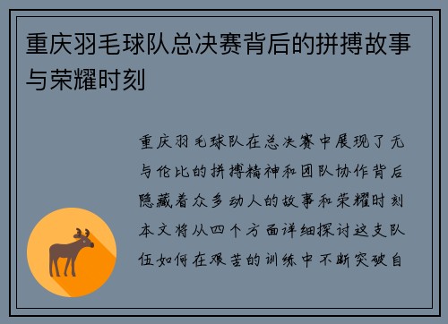 重庆羽毛球队总决赛背后的拼搏故事与荣耀时刻